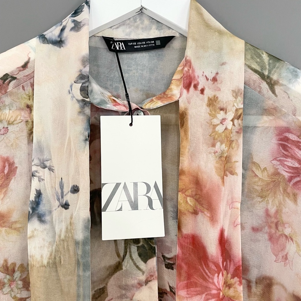 Zara Women's Floral Print Shirt with Tie NWT - Picture 9 of 16